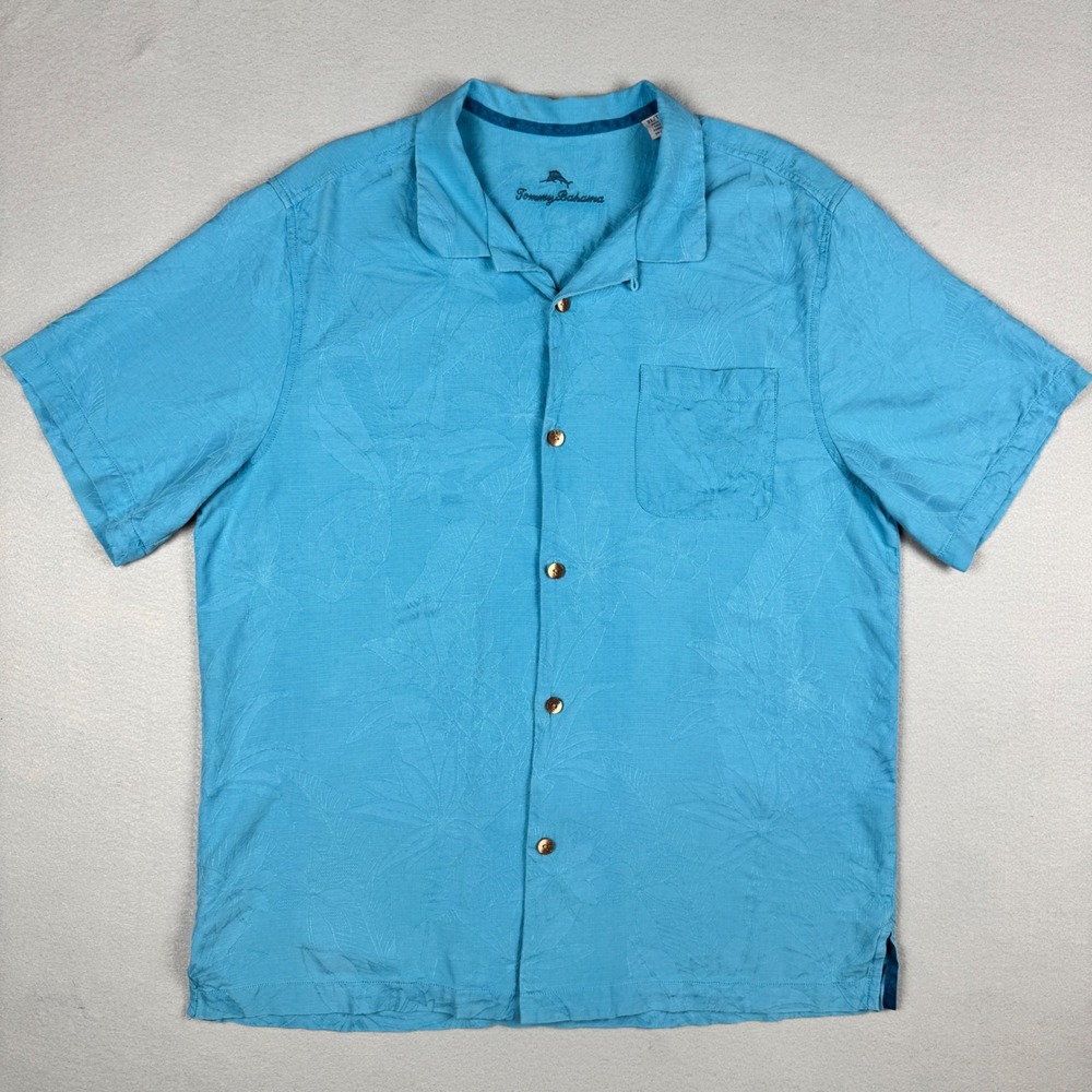 Tommy Bahama Mens XL Embroidered Silk Tropical Leaf Jacquard Camp Shirt Blue - Picture 2 of 11